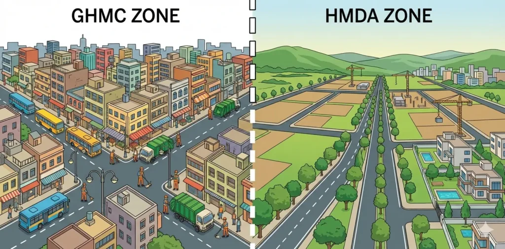 difference between ghmc and hmda, GHMC, HMDA, ghmc greater hyderabad municipal, plots in hyderabad, Hyderabad, Development, HMDA Regulations,