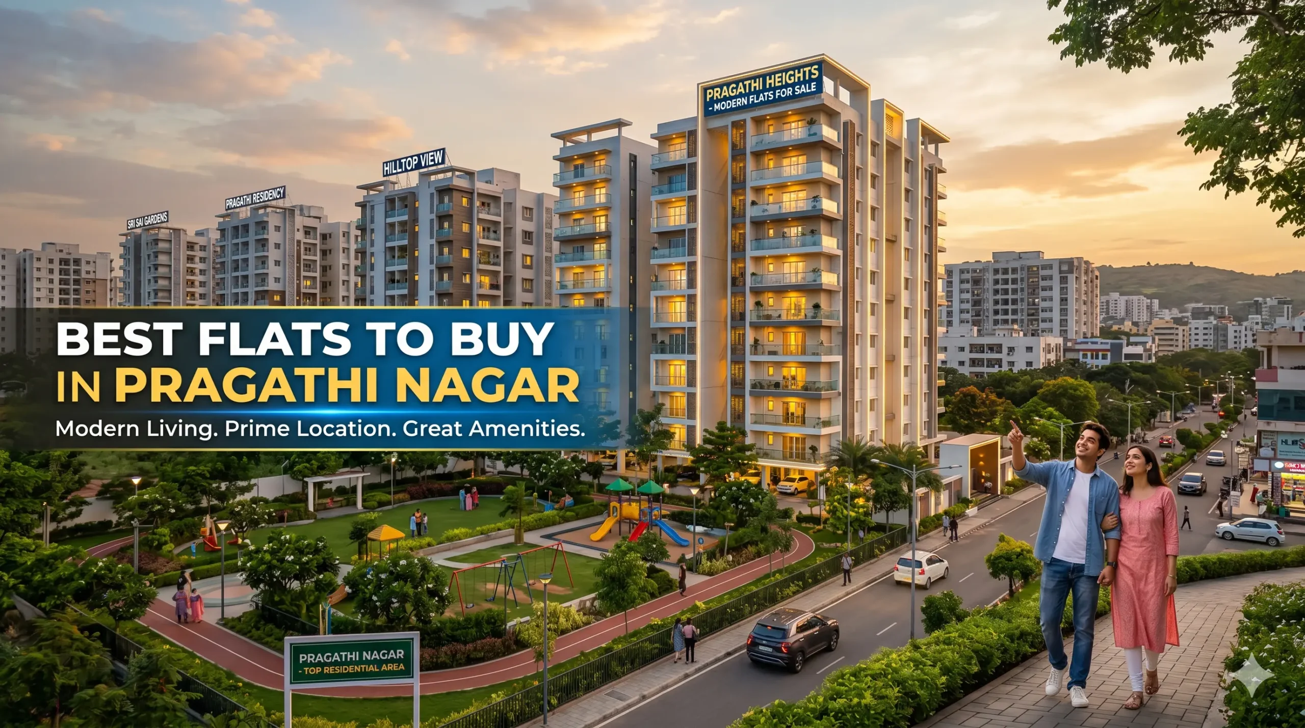 Modern high-rise apartment buildings in Pragathi Nagar, Hyderabad, featuring luxury flats with amenities and a landscaped park.