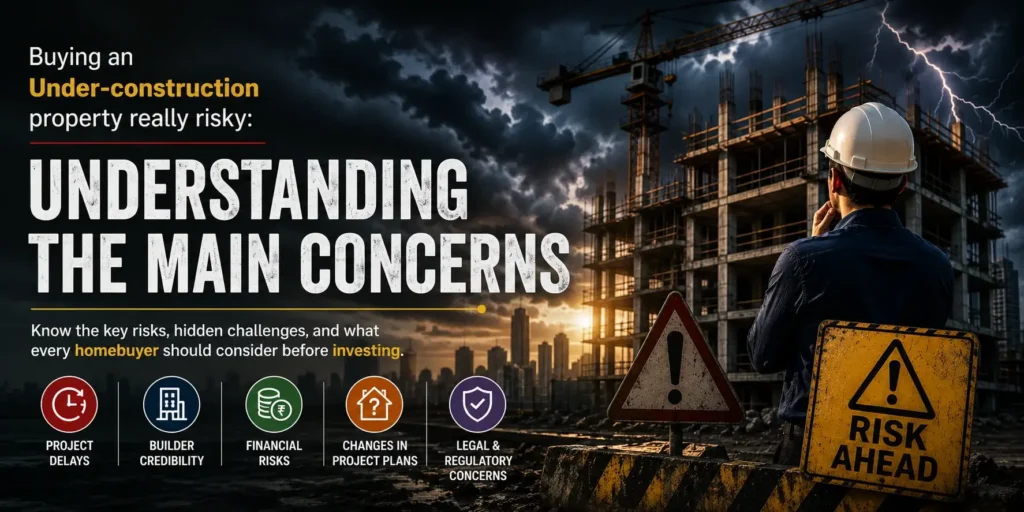 Dramatic illustration of an under-construction building with storm clouds, cranes, a homebuyer observing the project, and warning signs highlighting the main concerns of buying an under-construction property, including delays, financial risks, and legal issues.