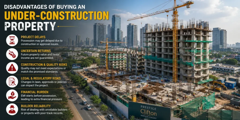 Infographic showing the disadvantages of buying an under-construction property with a real Hyderabad construction site, highlighting project delays, quality concerns, cost overruns, builder reliability, legal risks, financial burden, uncertain returns, and changes in project plans.