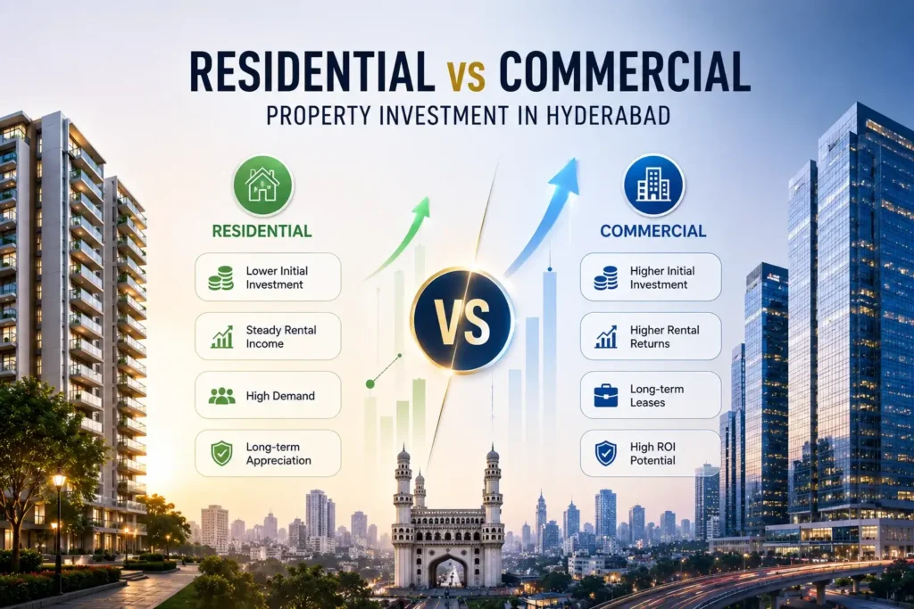 Comparison chart of Residential vs Commercial Property Investment in Hyderabad showing investment cost, rental income, ROI, and long-term appreciation with residential and commercial property visuals.