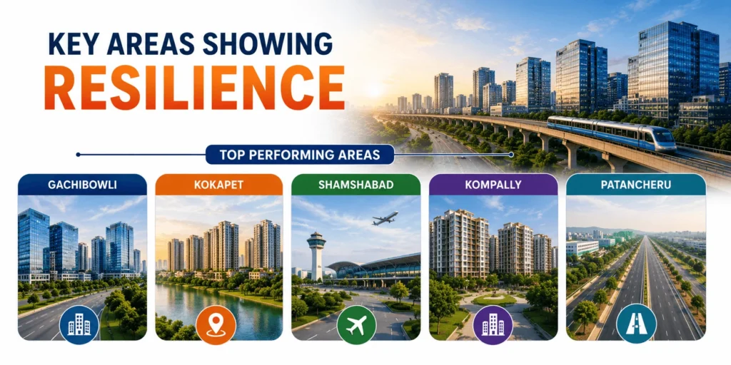 Infographic highlighting key areas showing resilience in Real Estate Trends in Hyderabad, featuring Gachibowli, Kokapet, Shamshabad, Kompally, and Patancheru with modern infrastructure and strong property market growth.