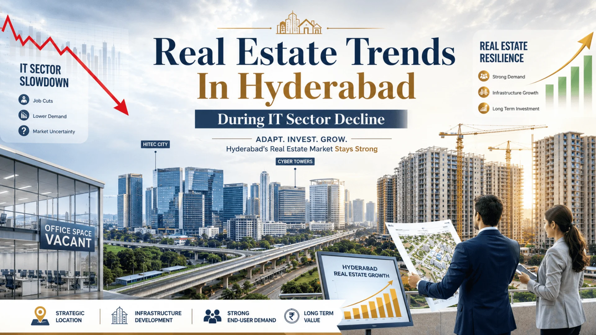 Real estate trends in Hyderabad showing the impact of IT sector slowdown, resilient property market, infrastructure development, HITEC City skyline, and ongoing residential construction.