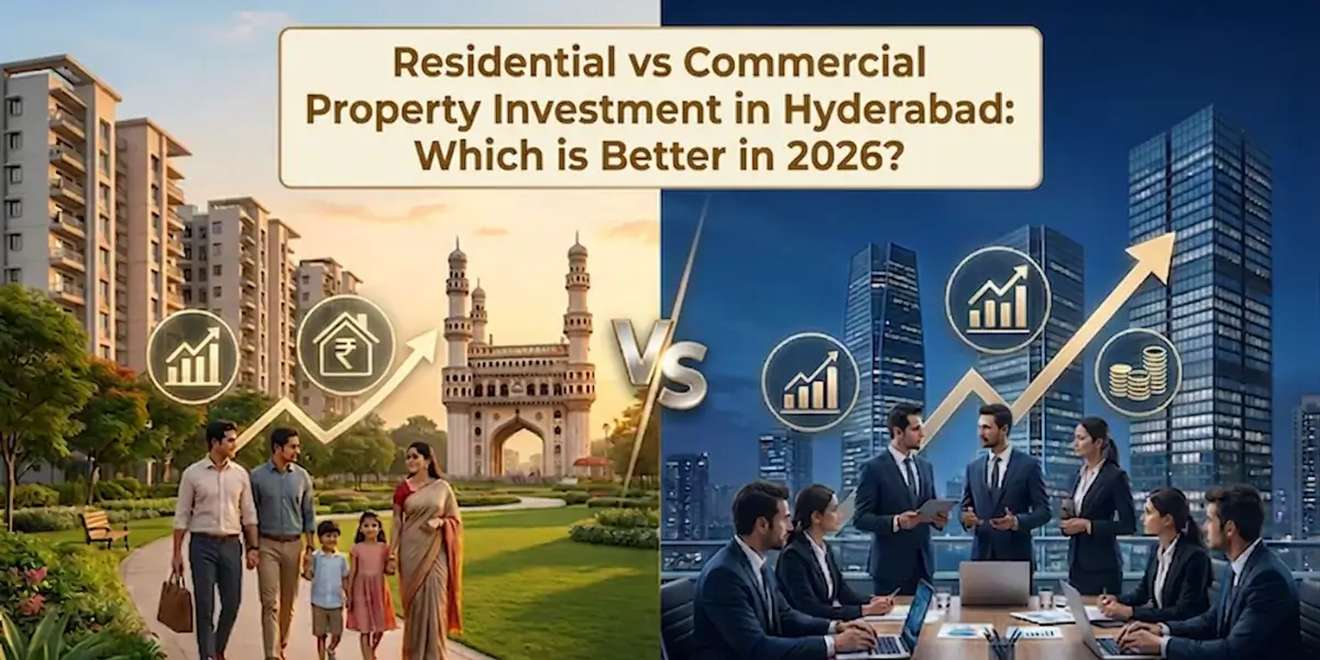 Residential vs Commercial Property Investment in Hyderabad comparison featuring luxury apartments, commercial office towers, Cyberabad skyline, and investment growth for 2026.