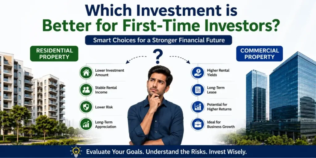 Residential vs Commercial Property Investment in Hyderabad comparison showing a residential apartment, commercial office buildings, and a first-time investor deciding between the two investment options.
