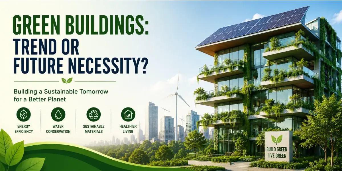 Green Buildings: Trend or Future Necessity? Modern eco-friendly building with solar panels, vertical gardens, and sustainable architecture promoting energy efficiency and environmental conservation.