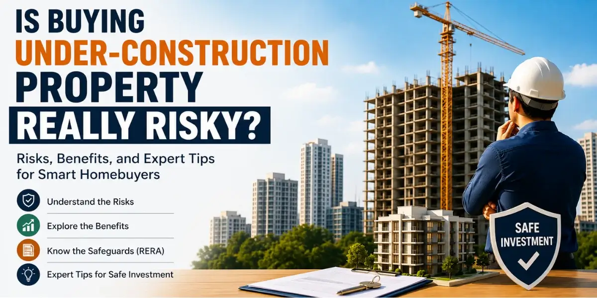 Cover image showing an under-construction residential building, a homebuyer evaluating the project, and a safe investment shield, illustrating the risks and benefits of buying an under-construction property with RERA safeguards.
