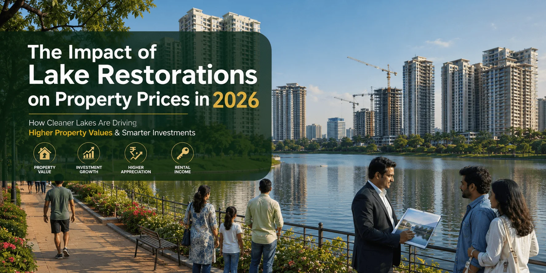 A photorealistic view of a restored urban lake surrounded by landscaped walking paths, families enjoying the waterfront, premium residential apartments, luxury villas, commercial buildings, and a real estate agent showing a property brochure to a young couple, illustrating how lake restoration increases property values.