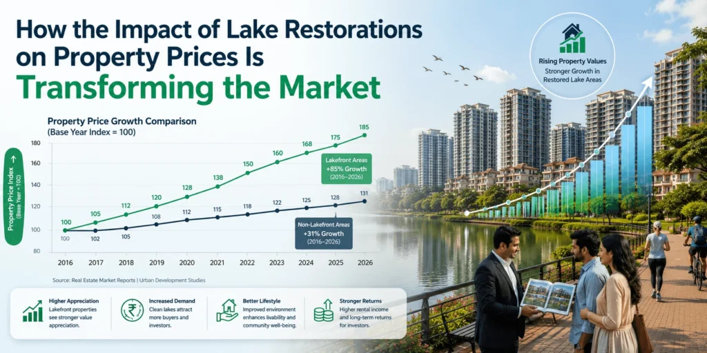 Infographic showing the Impact of Lake Restorations on Property Prices , comparing lakefront and non-lakefront real estate growth from 2016 to 2026 with a modern residential skyline beside a restored lake.