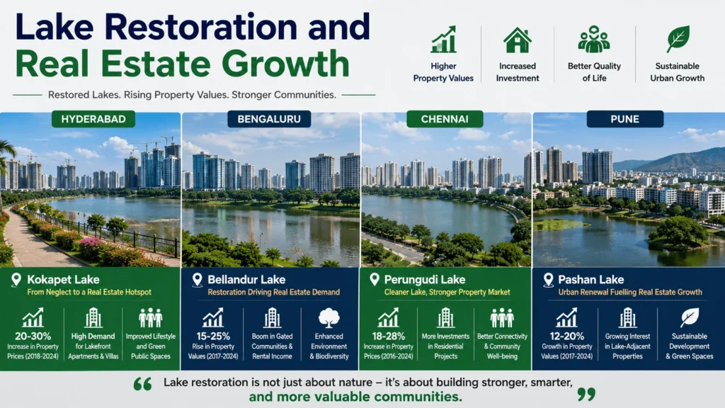 Infographic showcasing case studies of lake restoration and its impact on real estate growth in Hyderabad, Bengaluru, Chennai, and Pune, highlighting restored lakes, increased property values, investment opportunities, and improved urban living.