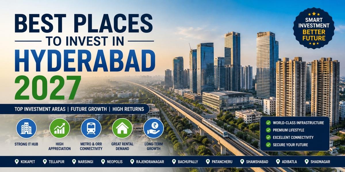 Best Places to Invest in Hyderabad 2027 featuring top investment areas including Kokapet, Neopolis, Tellapur, Kollur, Narsingi, and Financial District.
