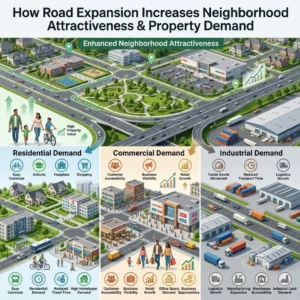 Road expansion improves neighborhood attractiveness, boosts residential and commercial demand, and increases property values.